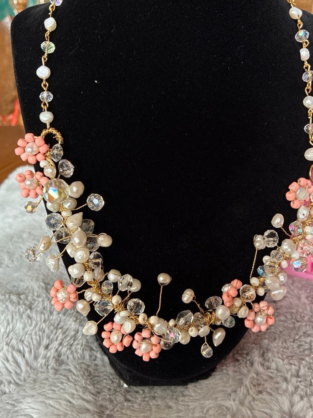 Pearl & Coral Flower Statement Necklace - Women Jewelry